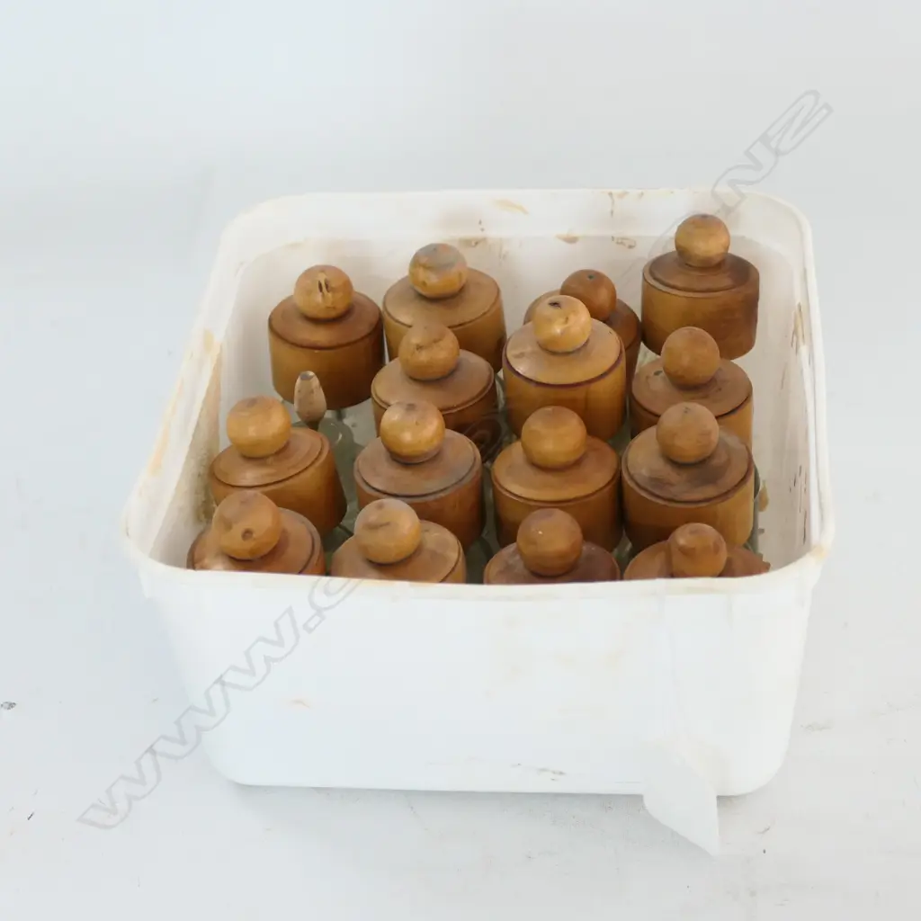 15 SMALL GLASS BOTTLES WITH INSET GROUND GLASS MOUTHS AND TURNED BOXWOOD COVERS Image 1++
